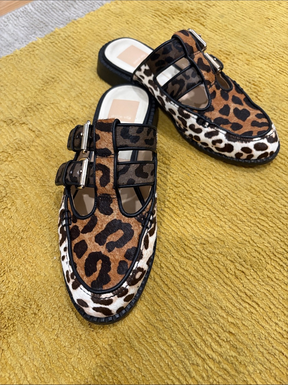 Dolce Vita Leopard Print Double Buckle Flats - Brown & Cream